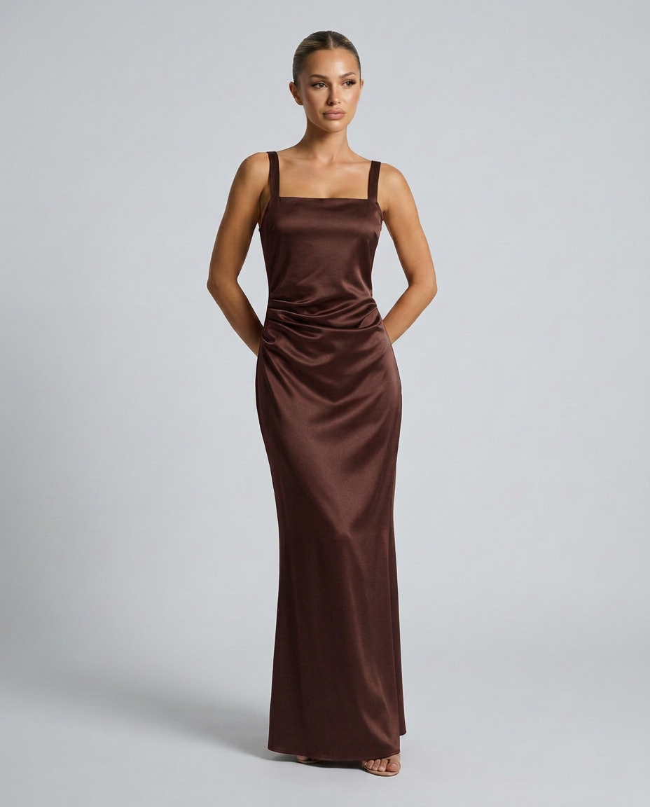 Calanthe Sleeveless All Over Sequin Floor Length Maxi Dress in Brown