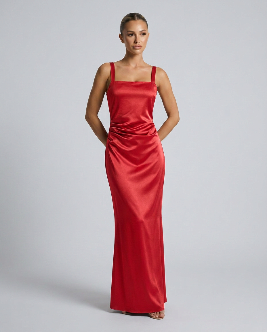 Calanthe Sleeveless All Over Sequin Floor Length Maxi Dress in Red