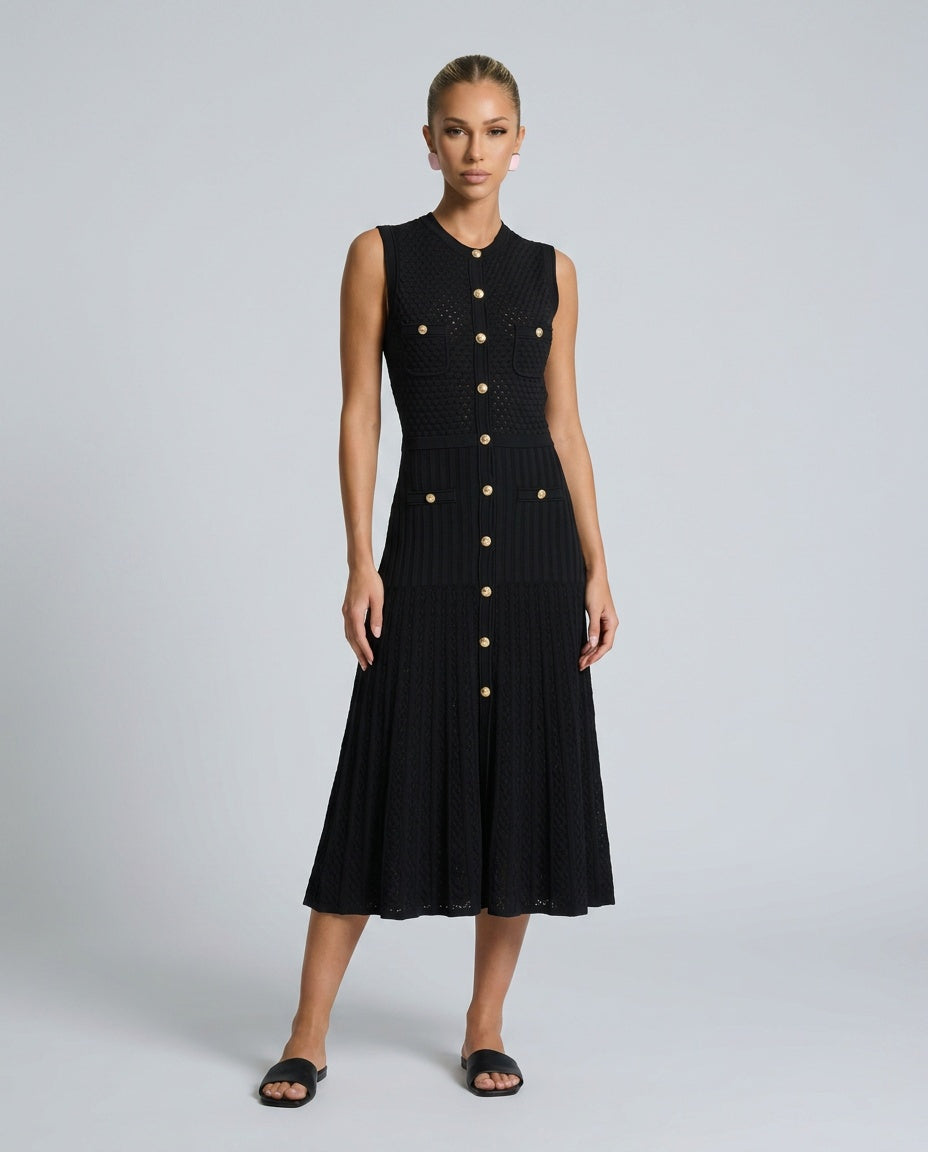 Catalina Sleeveless Flared Ribbed Knit Midi Dress in Black in Black