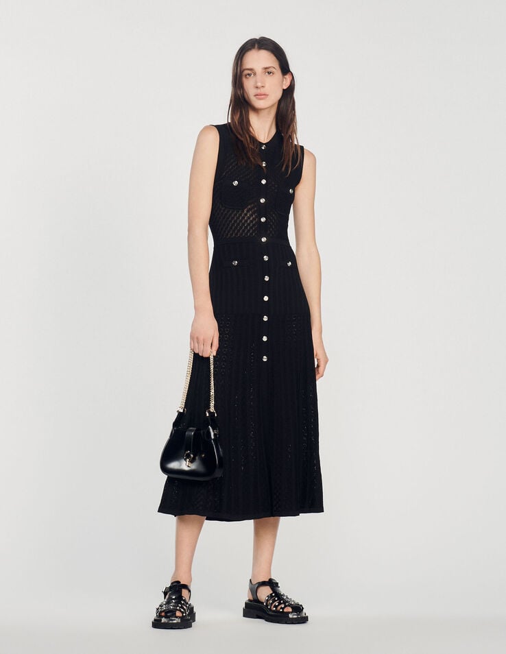 Catalina Sleeveless Flared Ribbed Knit Midi Dress in Black in Black