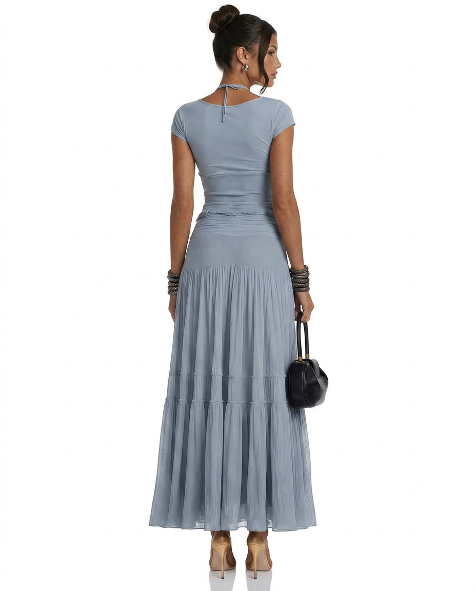 Celeste Knit Top and Lace Panel Midi Skirt Two Piece Set in Light Blue
