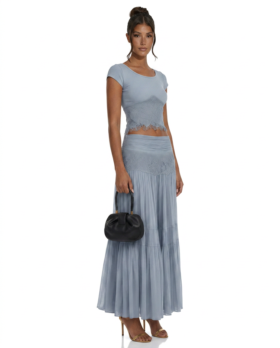 Celeste Knit Top and Lace Panel Midi Skirt Two Piece Set in Light Blue