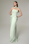 Celeste Satin Look Pleated Maxi Dress with Lace Up Bodice in Light Green