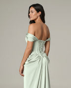 Celeste Satin Look Pleated Maxi Dress with Lace Up Bodice in Light Green