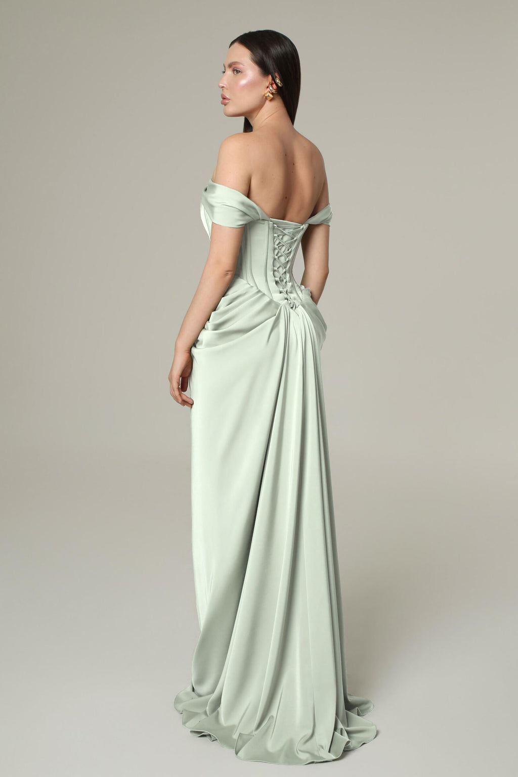 Celeste Satin Look Pleated Maxi Dress with Lace Up Bodice in Light Green