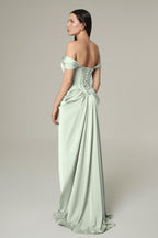 Celeste Satin Look Pleated Maxi Dress with Lace Up Bodice in Light Green