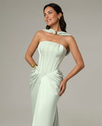 Celeste Satin Look Pleated Maxi Dress with Lace Up Bodice in Light Green