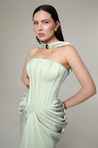Celeste Satin Look Pleated Maxi Dress with Lace Up Bodice in Light Green