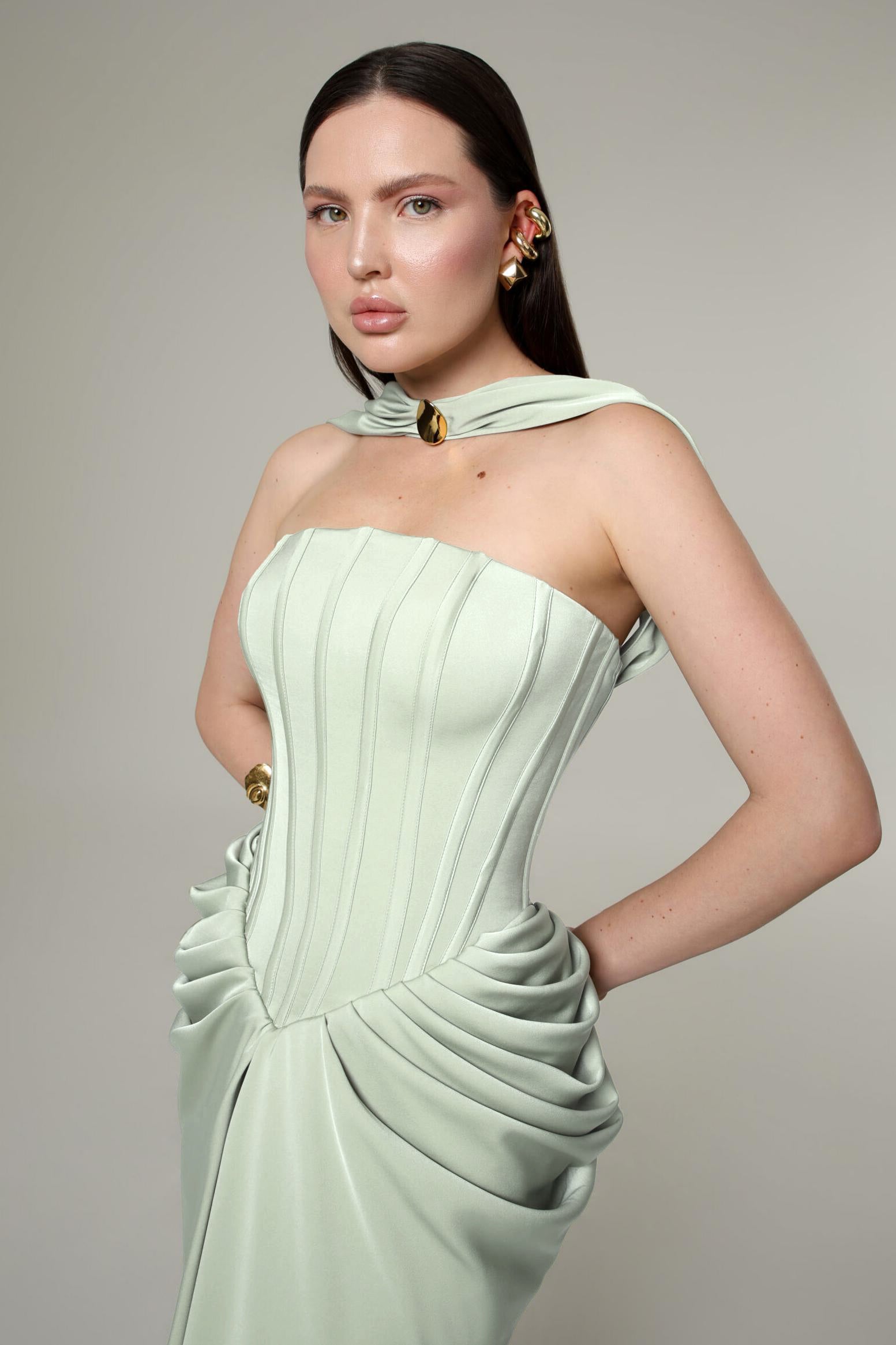 Celeste Satin Look Pleated Maxi Dress with Lace Up Bodice in Light Green