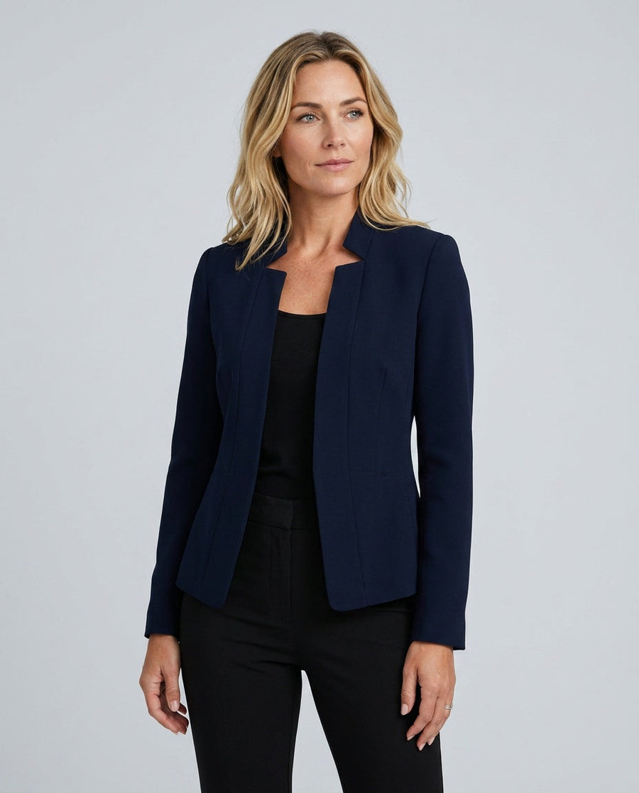 Cleo Collarless Open Front Blazer with Curved Hem in Navy