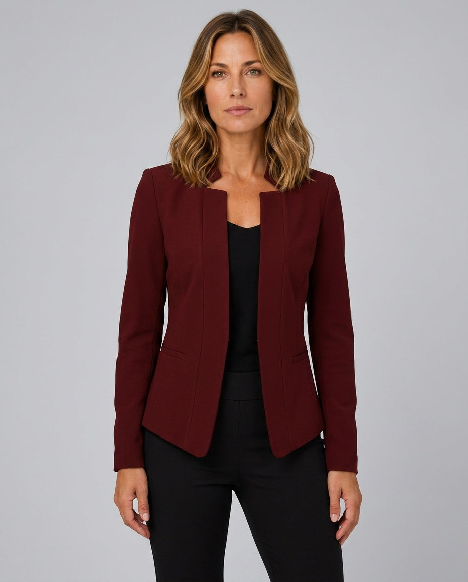 Cleo Longline Open Front Blazer with Straight Cut Body in Burgundy