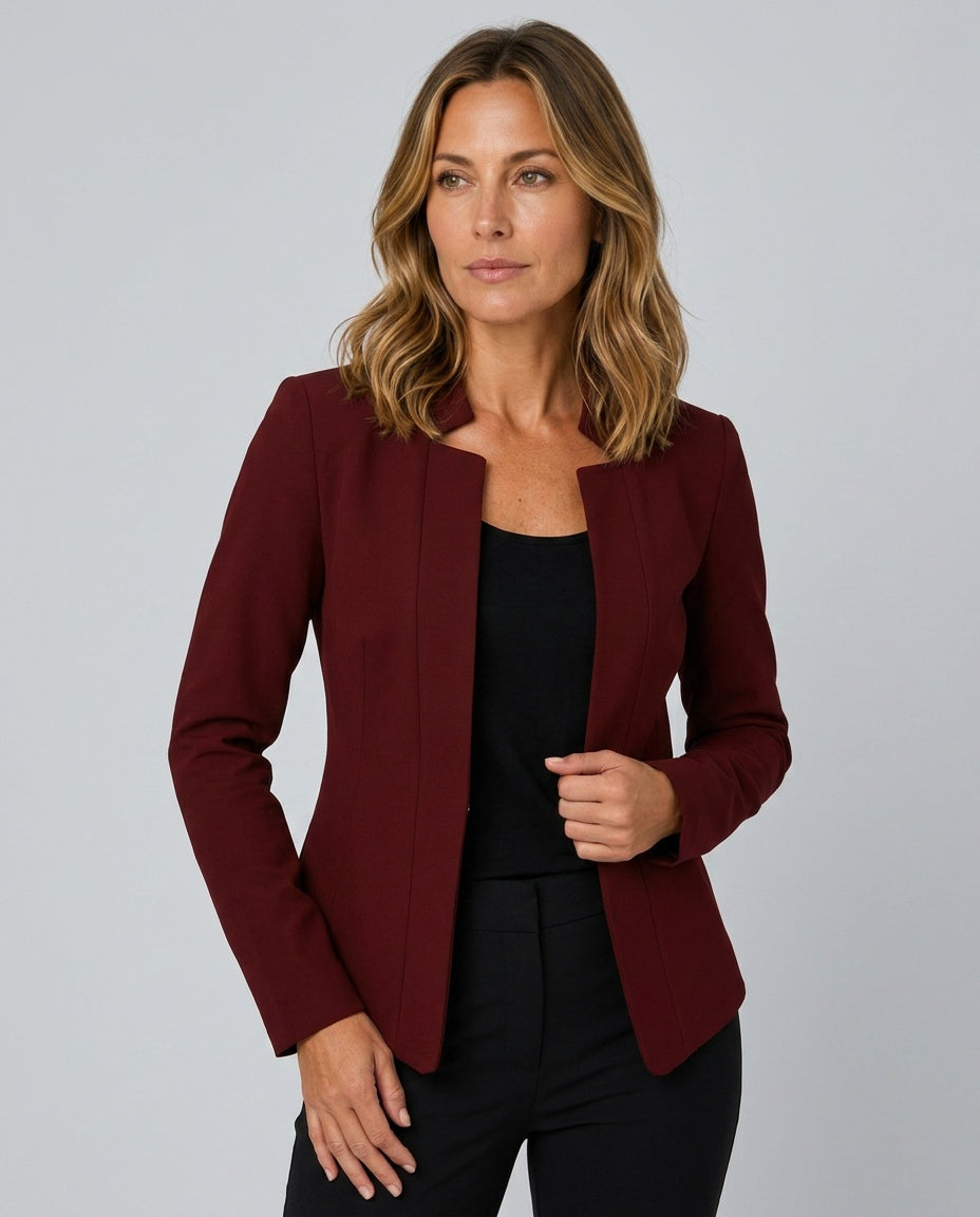 Cleo Longline Open Front Blazer with Straight Cut Body in Burgundy