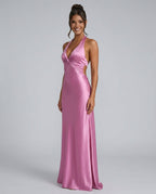 Cleo Satin Look Halter Neck Maxi Dress with Open Back in Pink