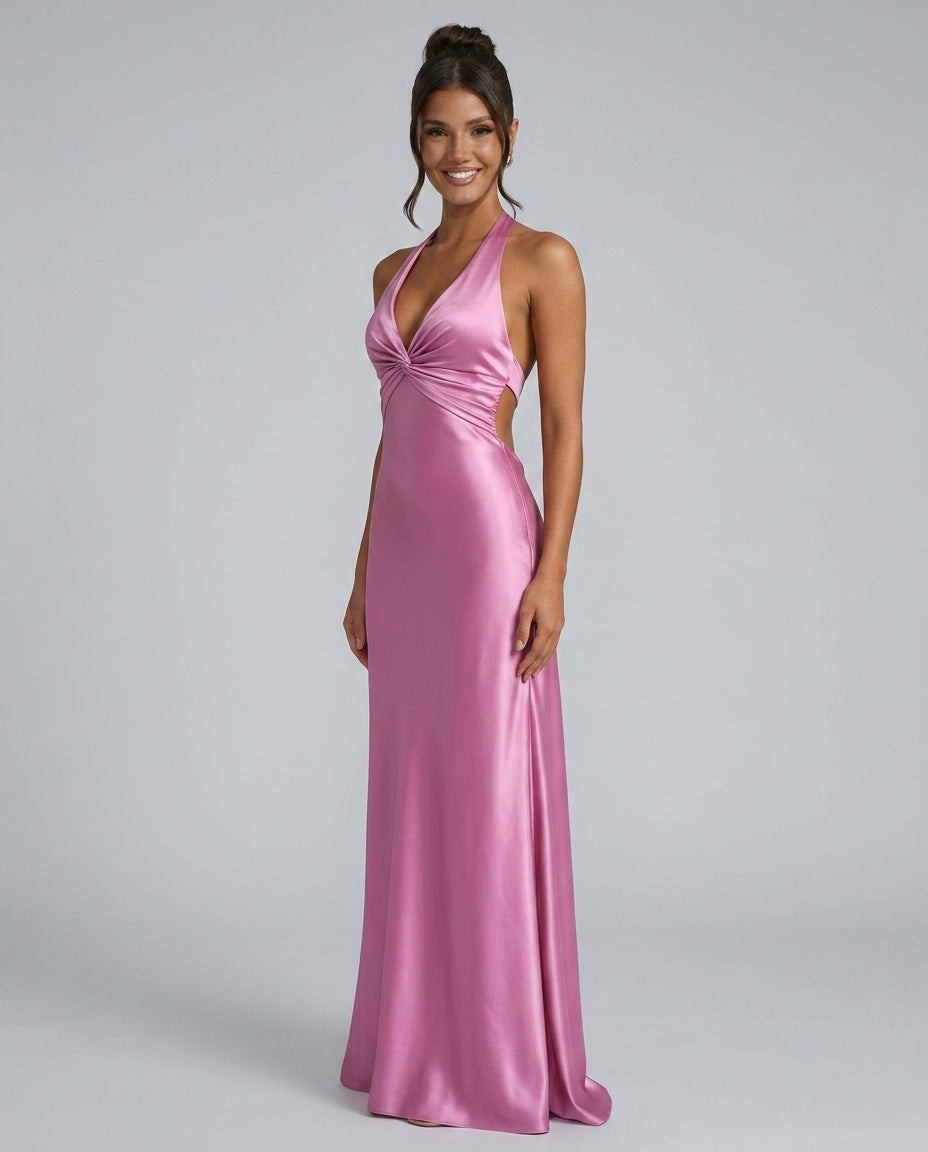 Cleo Satin Look Halter Neck Maxi Dress with Open Back in Pink