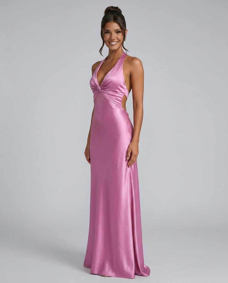 Cleo Satin Look Twist Front Halter Maxi Dress with Open Back in Pink