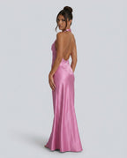 Cleo Satin Look Halter Neck Maxi Dress with Open Back in Pink