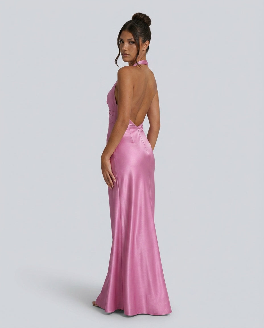 Cleo Satin Look Halter Neck Maxi Dress with Open Back in Pink