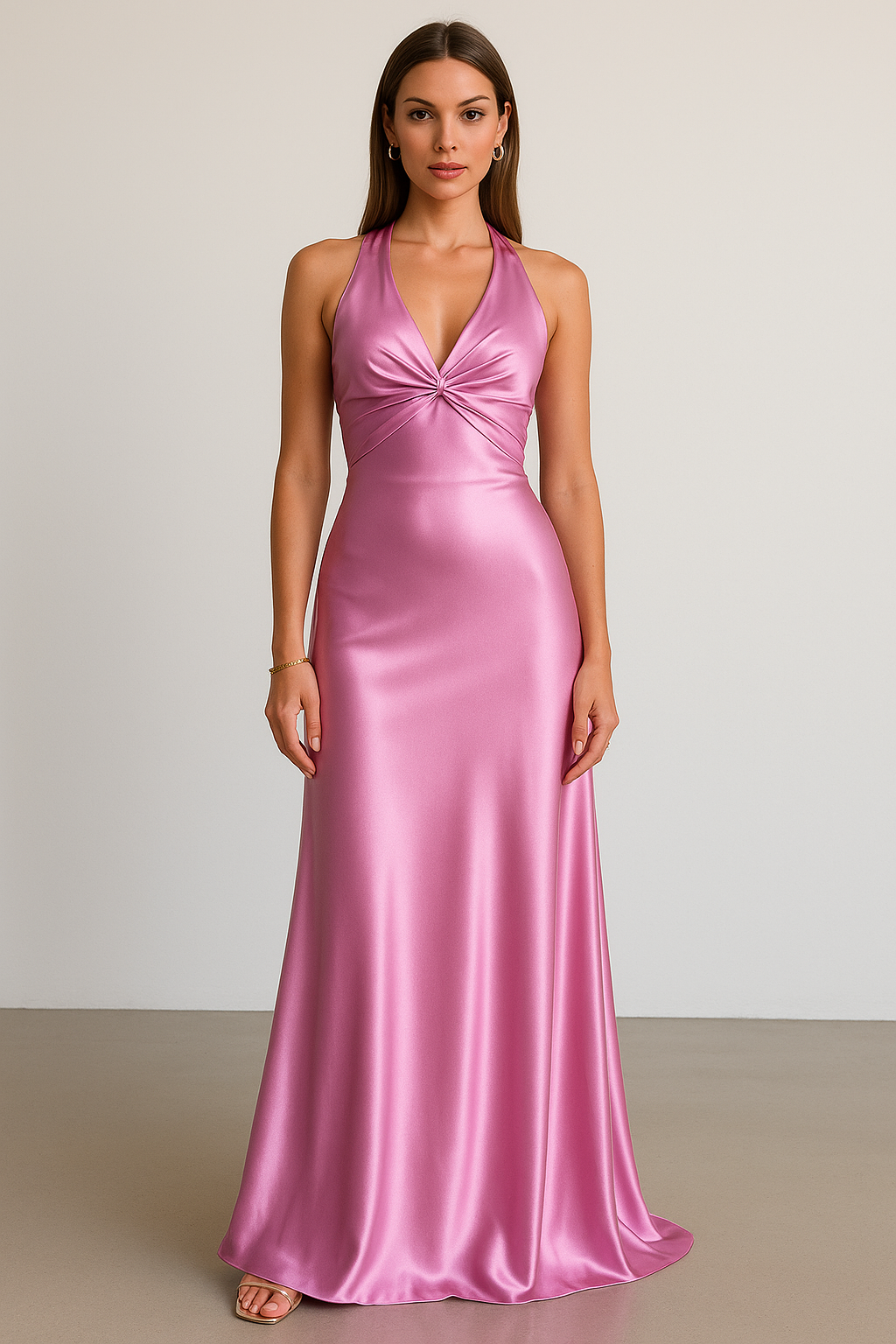 Cleo Satin Look Halter Neck Maxi Dress with Open Back in Pink