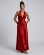 Cleo Satin Look Halter Neck Maxi Dress with Open Back in Red