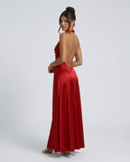 Cleo Satin Look Halter Neck Maxi Dress with Open Back in Red