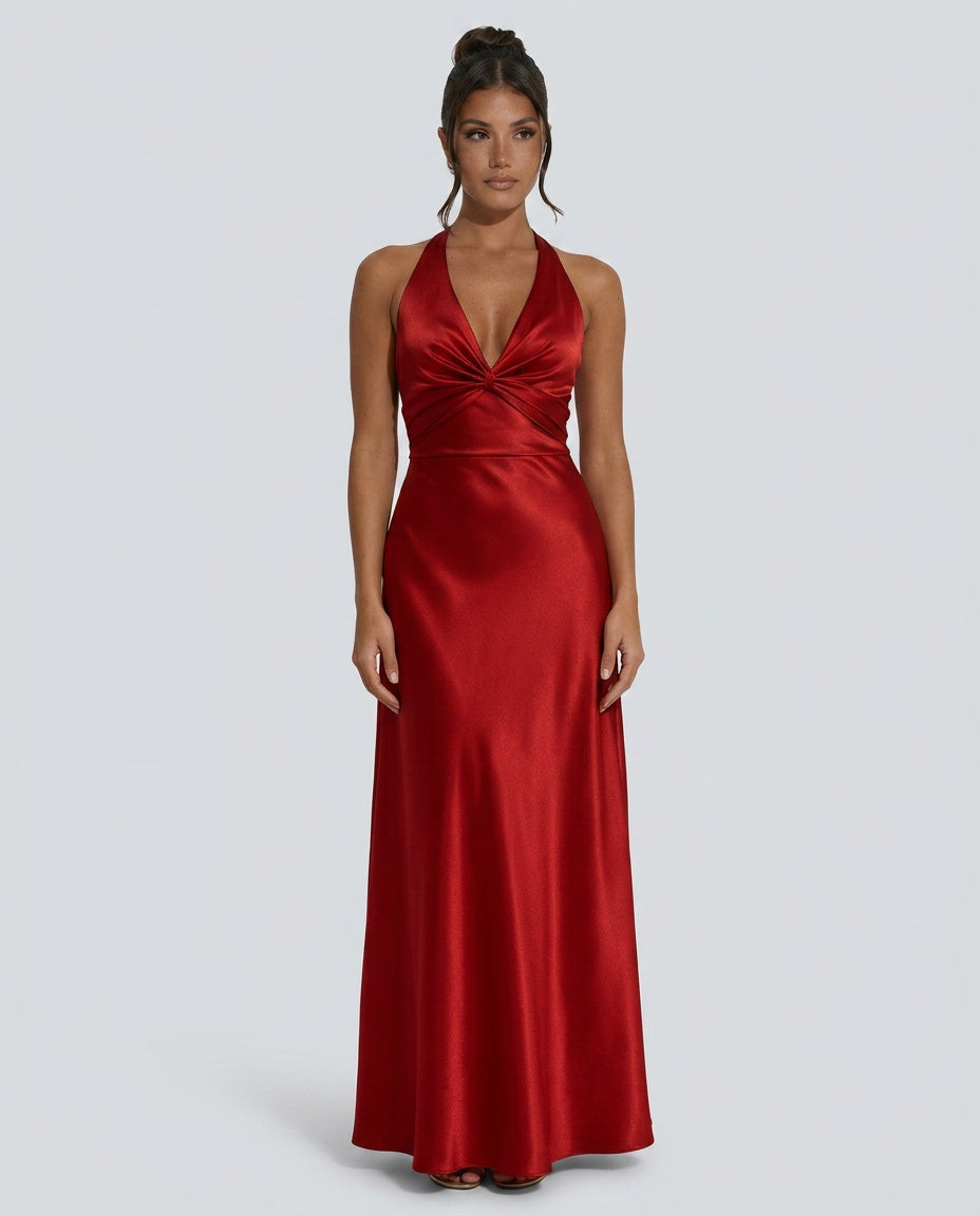 Cleo Satin Look Halter Neck Maxi Dress with Open Back in Red