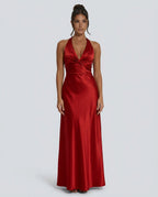 Cleo Satin Look Halter Neck Maxi Dress with Open Back in Red