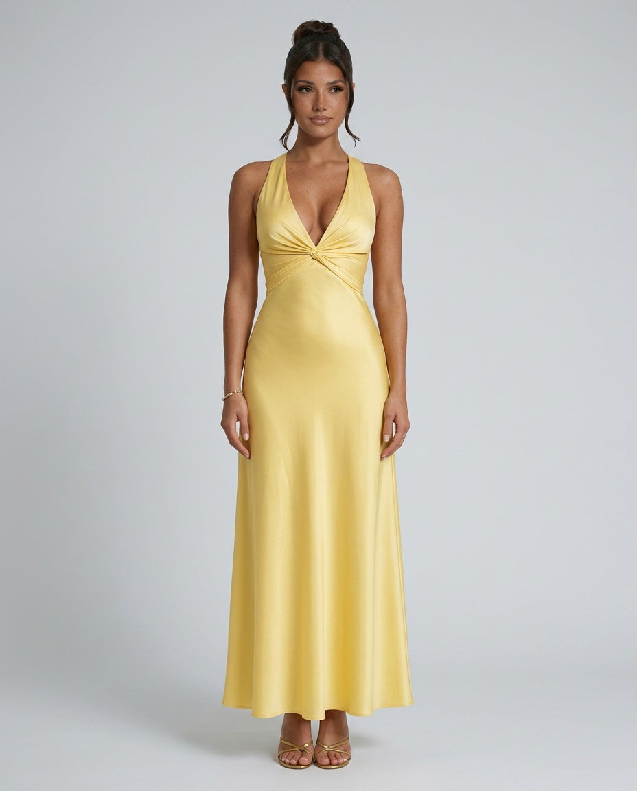 Cleo Satin Look Halter Neck Maxi Dress with Open Back in Yellow