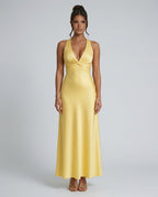 Cleo Satin Look Halter Neck Maxi Dress with Open Back in Yellow