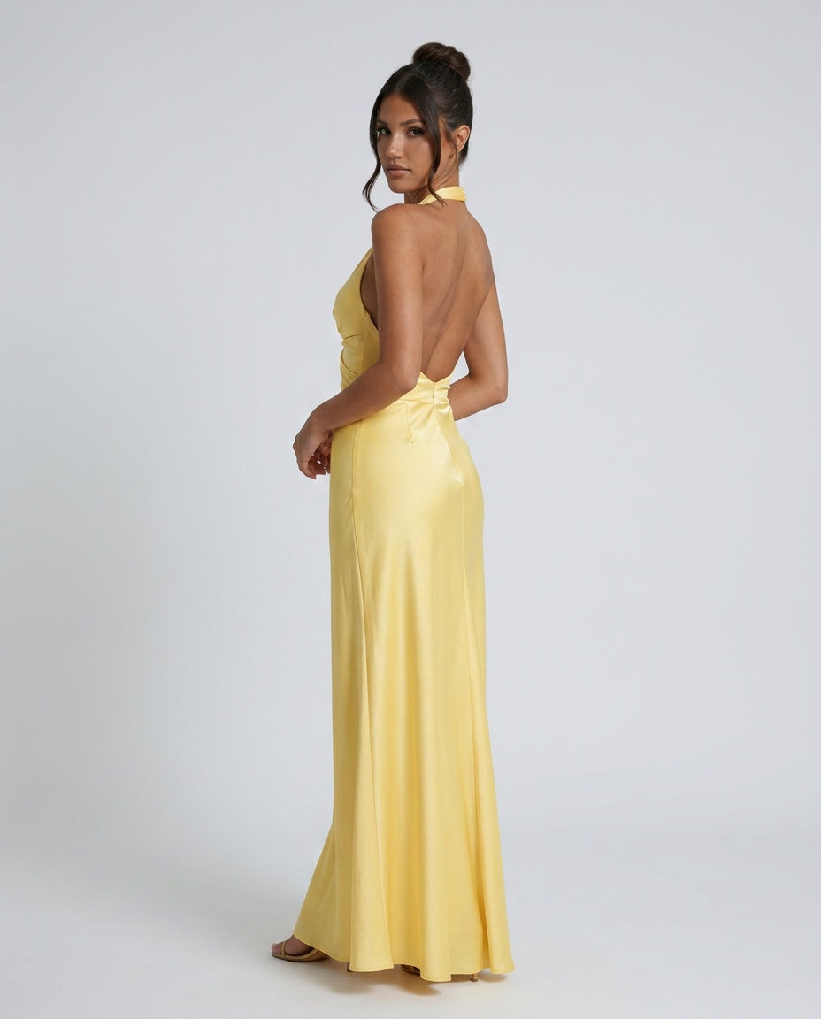 Cleo Satin Look Halter Neck Maxi Dress with Open Back in Yellow