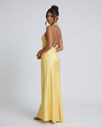 Cleo Satin Look Halter Neck Maxi Dress with Open Back in Yellow