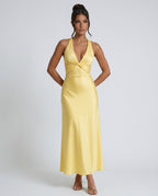 Cleo Satin Look Halter Neck Maxi Dress with Open Back in Yellow