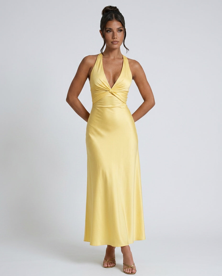 Cleo Satin Look Halter Neck Maxi Dress with Open Back in Yellow