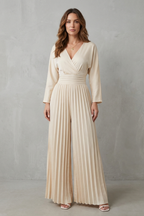 Cleona Pleated Wide Leg Jumpsuit with Balloon Sleeves in Apricot