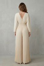 Cleona Pleated Wide Leg Jumpsuit with Balloon Sleeves in Apricot