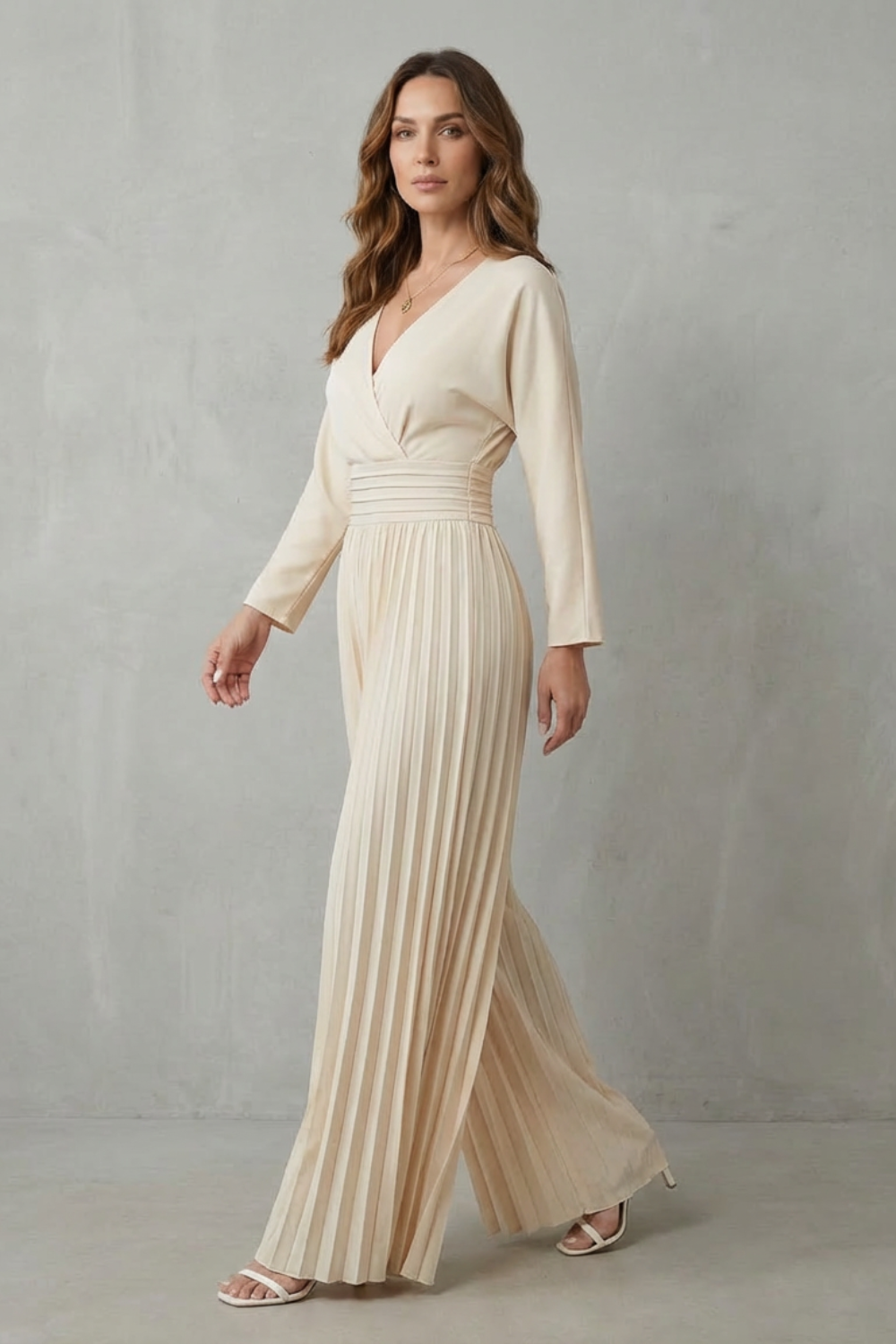 Cleona Pleated Wide Leg Jumpsuit with Balloon Sleeves in Apricot