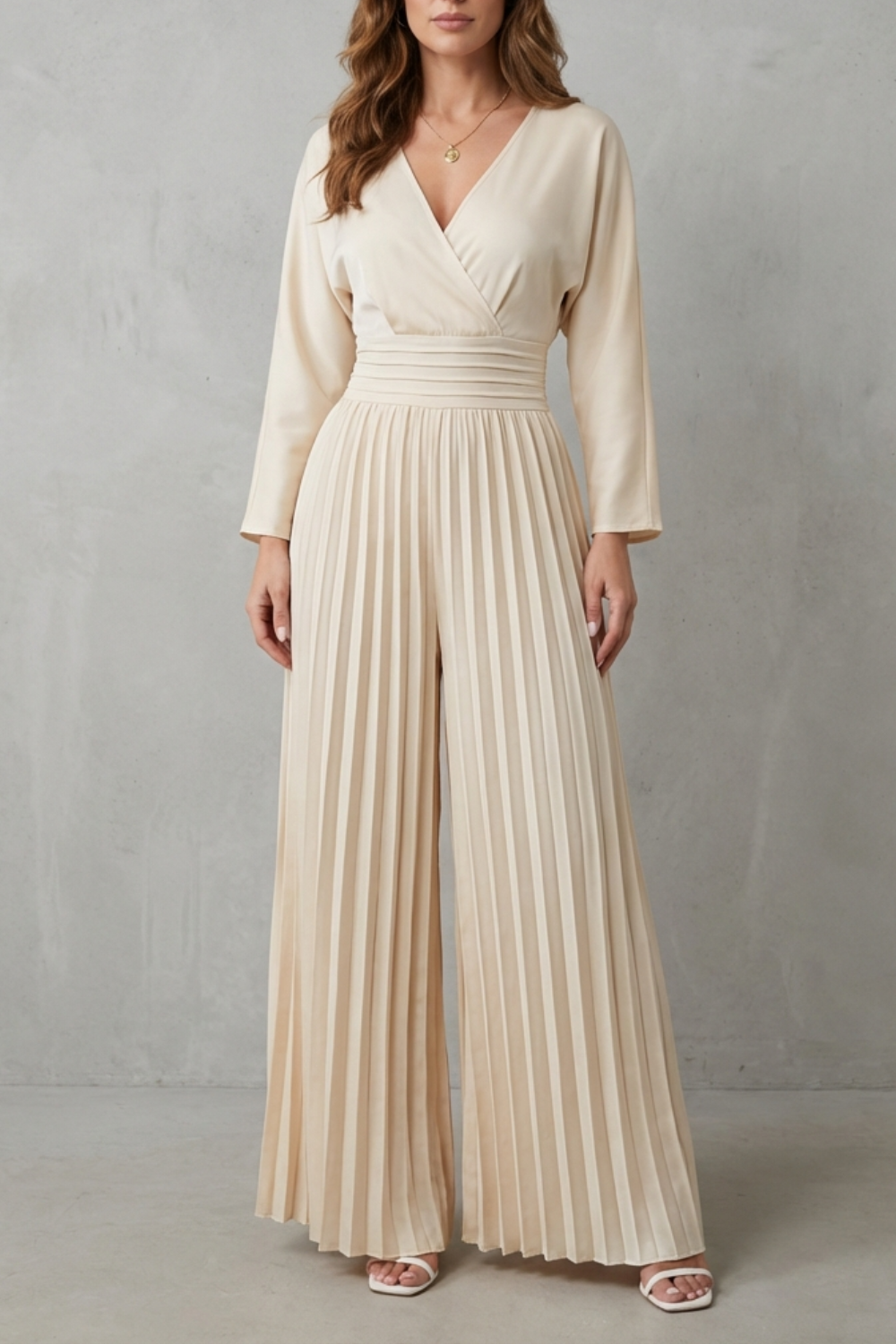 Cleona Pleated Wide Leg Jumpsuit with Balloon Sleeves in Apricot