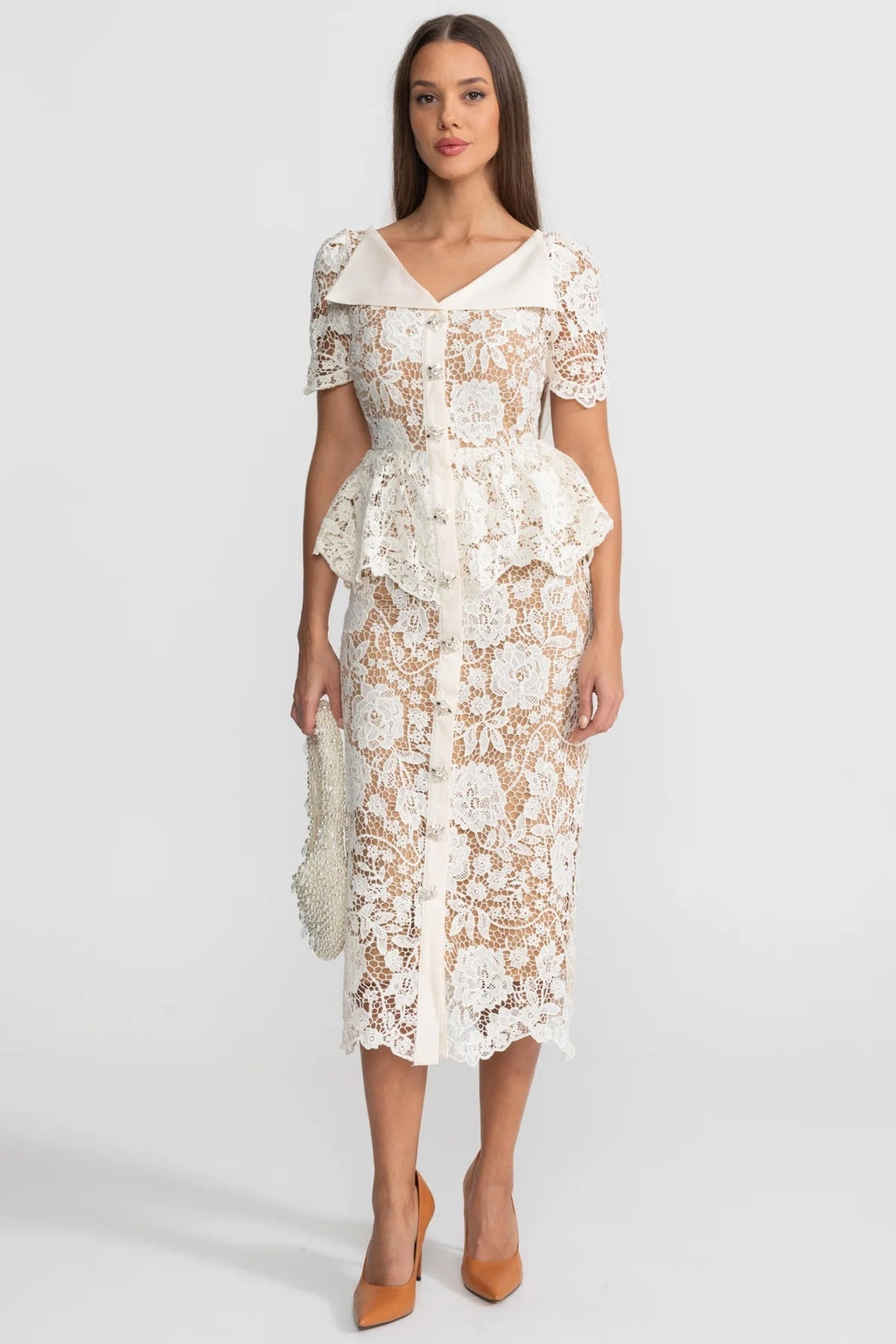 Colette Lace Peplum Midi Dress with Satin Look Collar in White