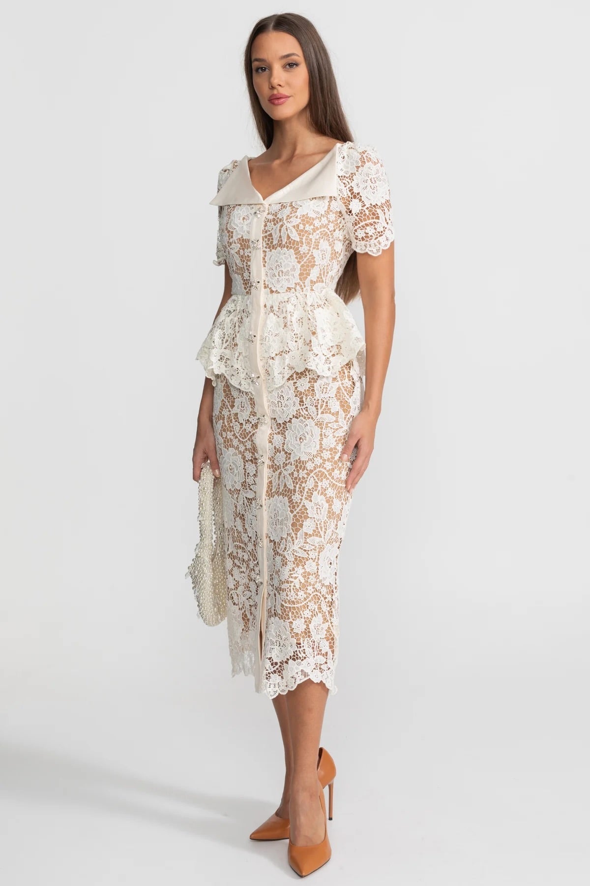 Colette Lace Peplum Midi Dress with Satin Look Collar in White