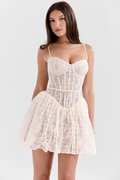 Debra Lace Corset Mini Dress with Gathered Skirt in Cream in Cream