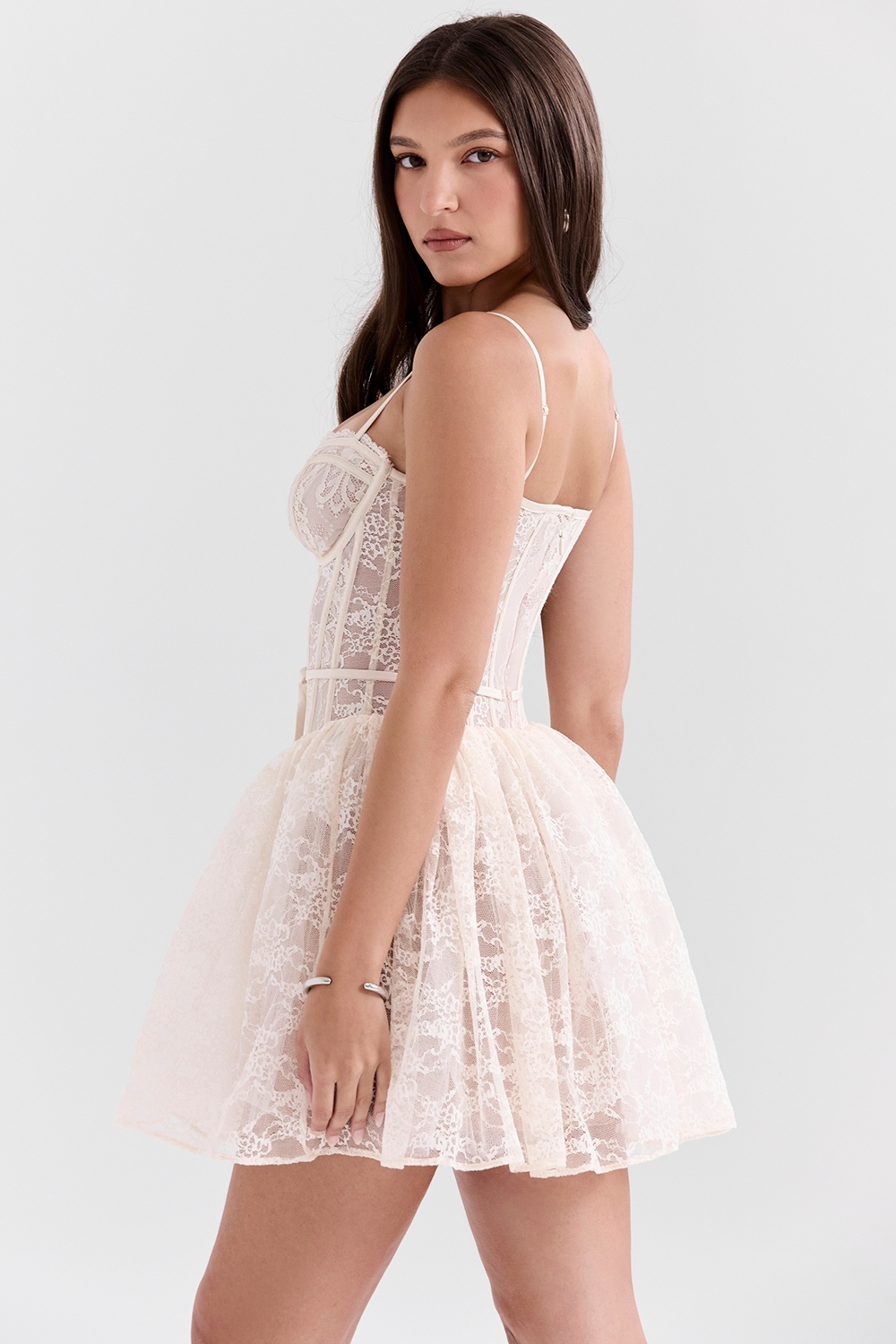 Debra Lace Corset Mini Dress with Gathered Skirt in Cream in Cream