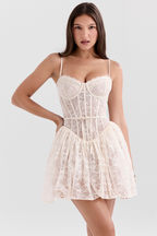 Debra Lace Corset Mini Dress with Gathered Skirt in Cream in Cream