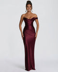 Delphine Satin Look Corset Maxi Dress with Lace Up Back in Wine Red