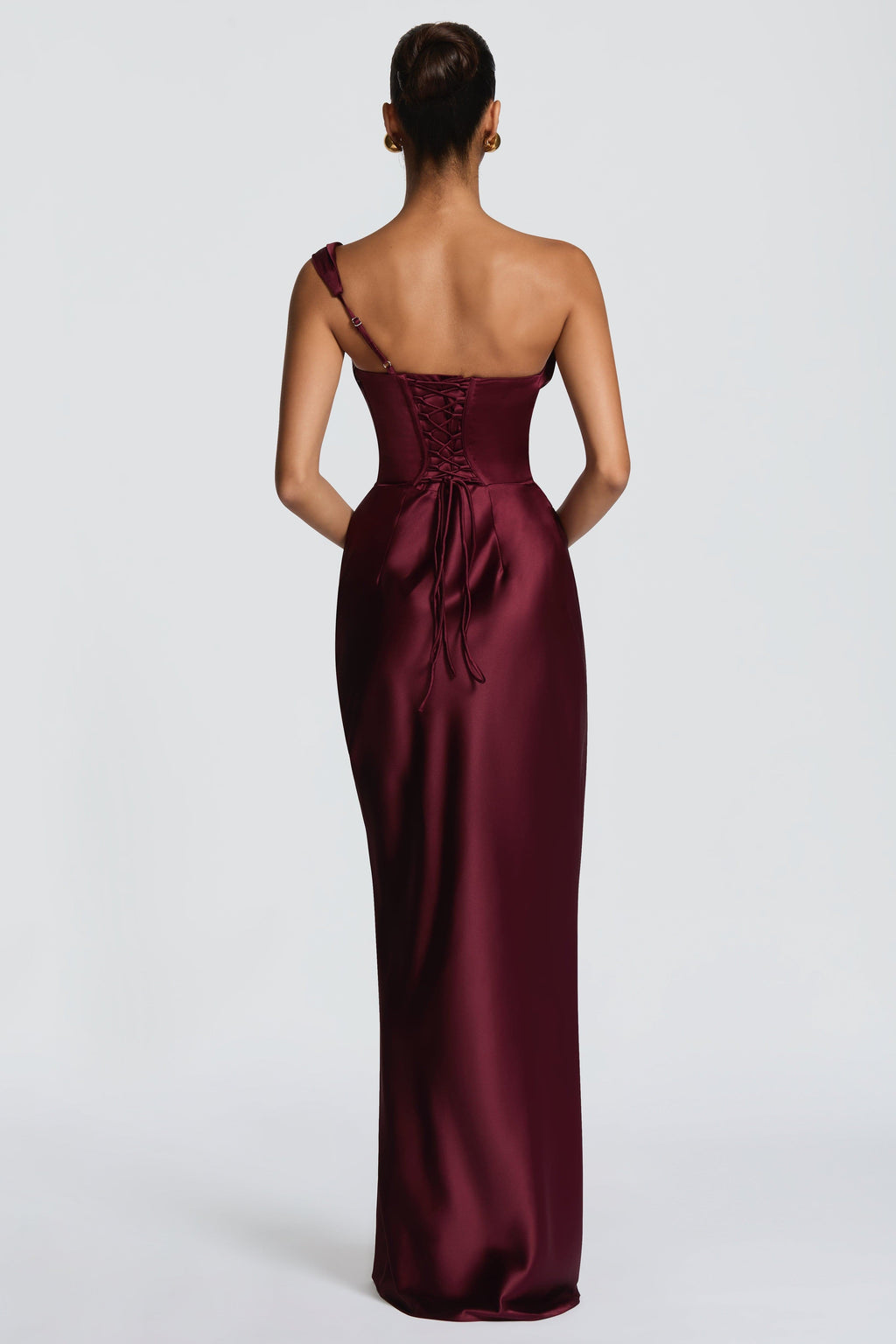 Delphine Satin Look Corset Maxi Dress with Lace Up Back in Wine Red