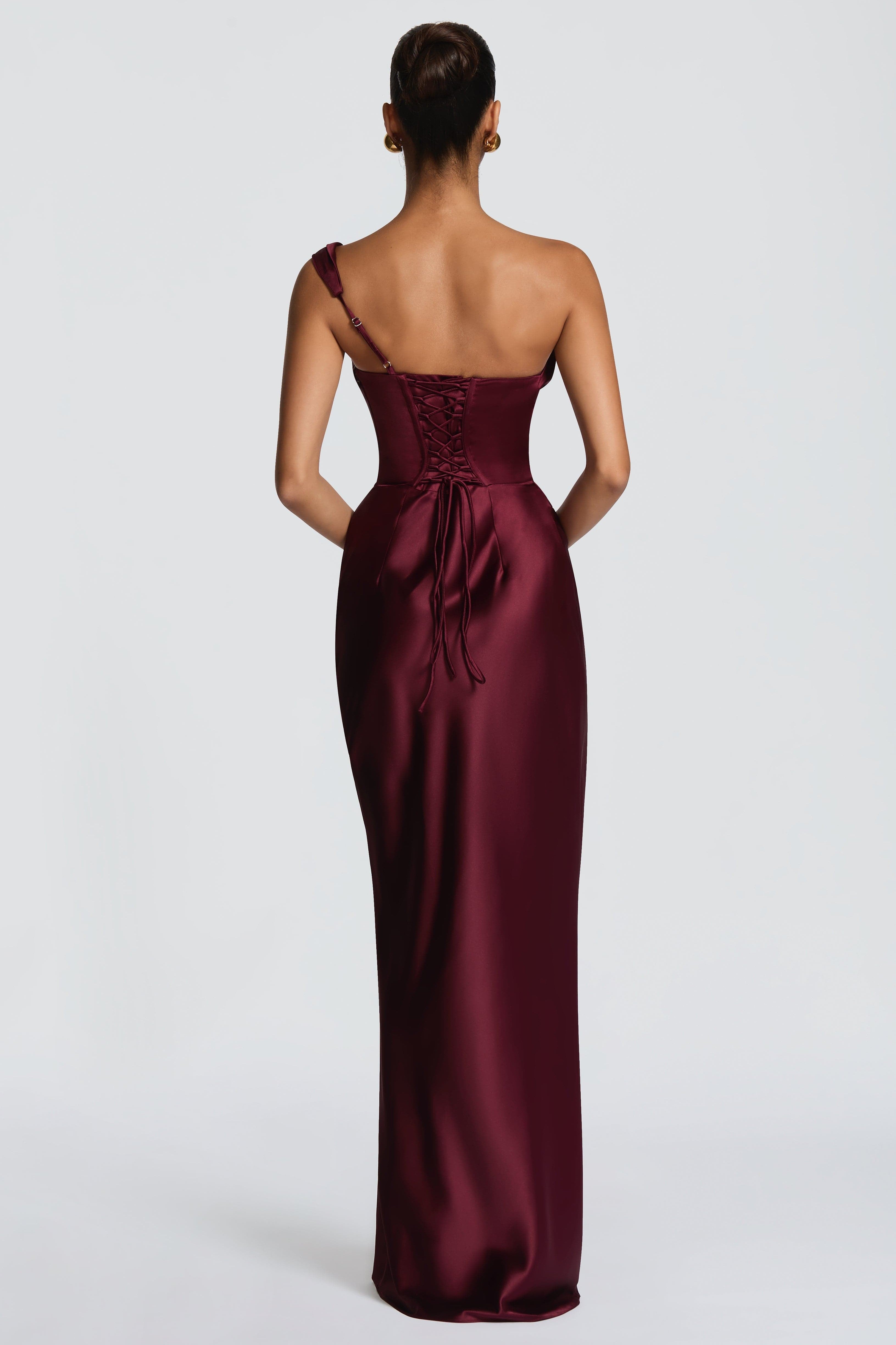 Delphine Satin Look Corset Maxi Dress with Lace Up Back in Wine Red
