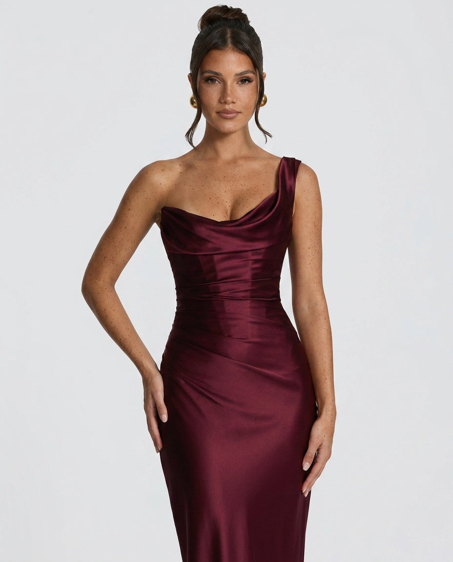 Delphine Satin Look Corset Maxi Dress with Lace Up Back in Wine Red
