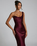 Delphine Satin Look Corset Maxi Dress with Lace Up Back in Wine Red