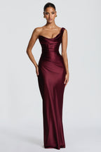 Delphine Satin Look Corset Maxi Dress with Lace Up Back in Wine Red