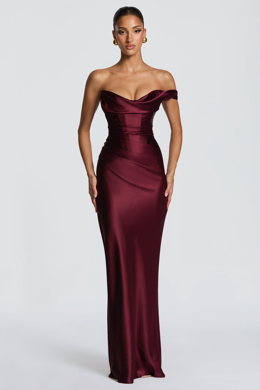 Delphine Satin Look Corset Maxi Dress with Lace Up Back in Wine Red