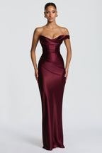Delphine Satin Look Corset Maxi Dress with Lace Up Back in Wine Red