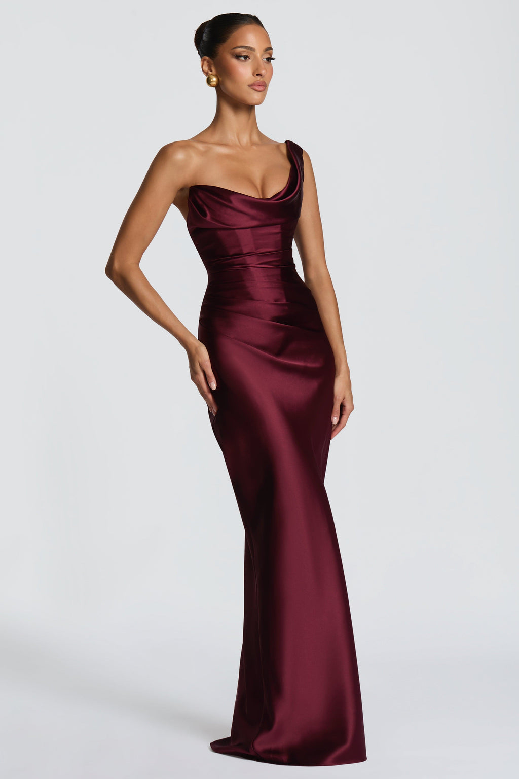 Delphine Satin Look Corset Maxi Dress with Lace Up Back in Wine Red